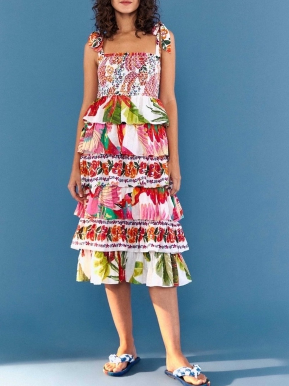 FARM Rio White Multi-Color Tiered Midi Dress